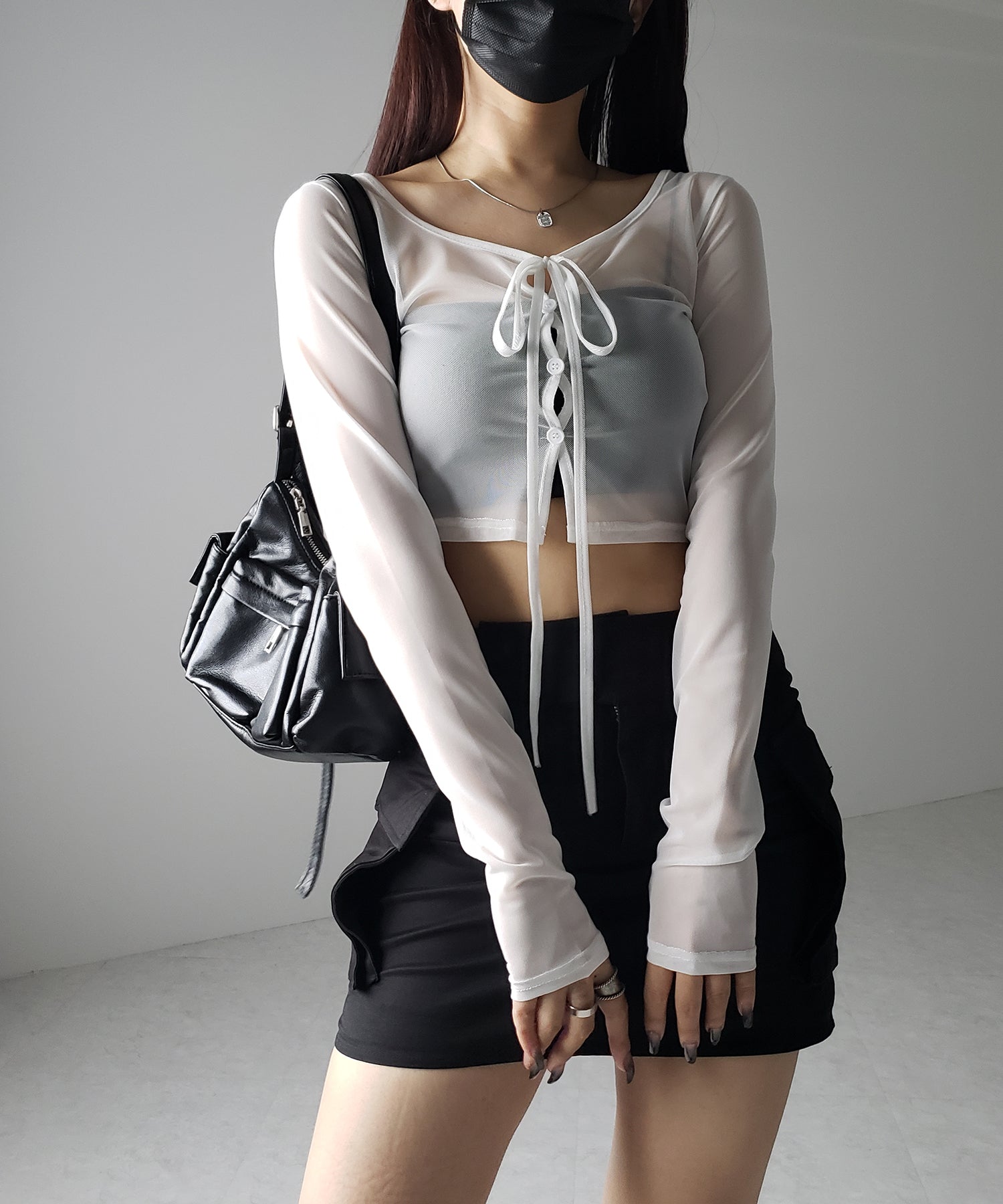 【 3color / 2WAY 】クロスストラップリボンシアーショートカーディガン / cross strap ribbon sheer short cardigan