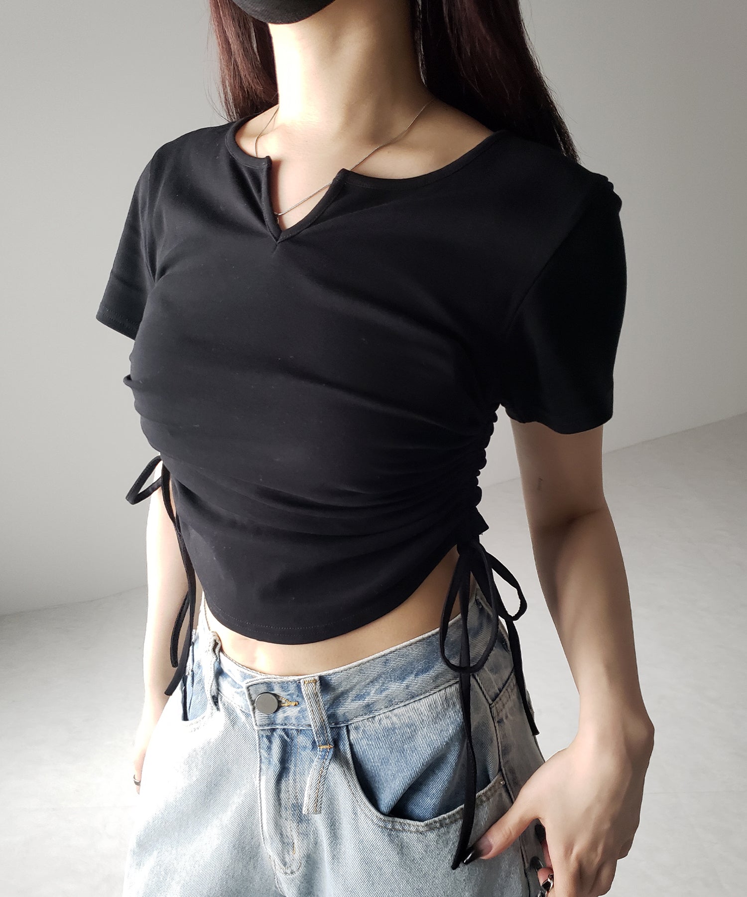 サイドシャーリングリボン半袖ショートTシャツ / side shirring ribbon short Tee