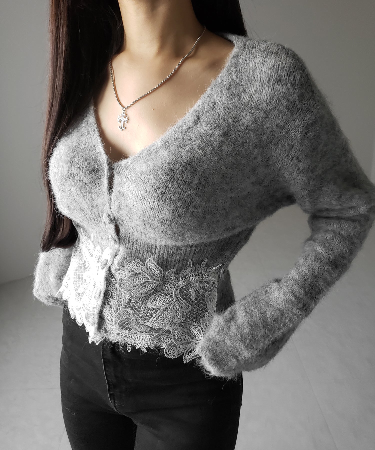 レースドッキングモヘアライクニットカーディガン / Lace docking mohair-like knit cardigan