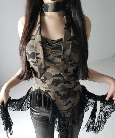 チョーカーロングタイ付き ヴィンテージカモフラレースフリルベアトップス / ( choker long tie SET ) vintage camouflage lace frill bare tops