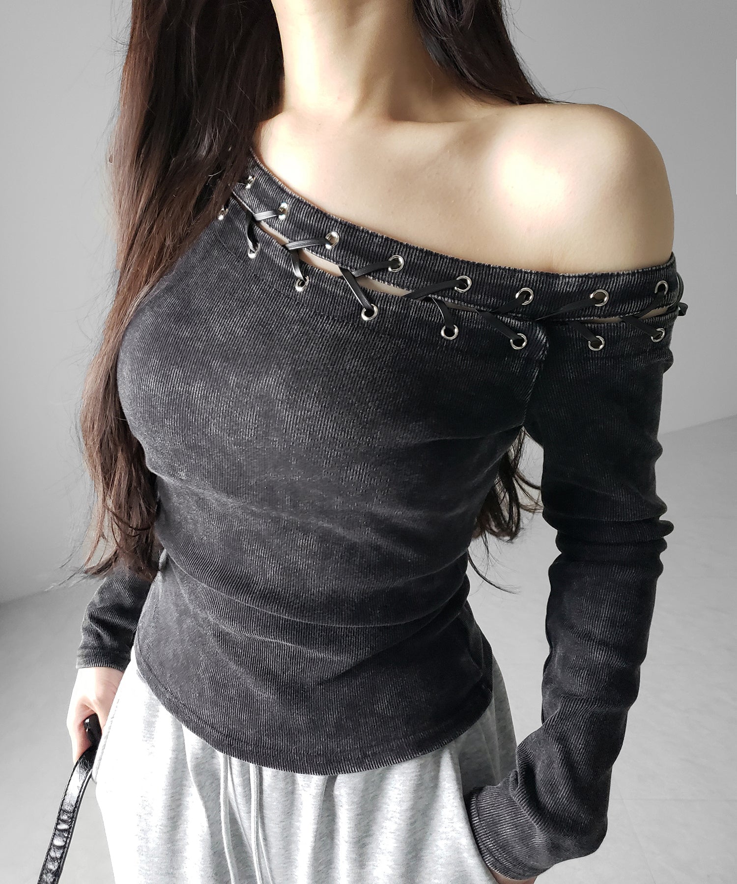 ヴィンテージカットアウトレースアップワンショルリブトップス / vintage cutout laceup one shoulder lib tops