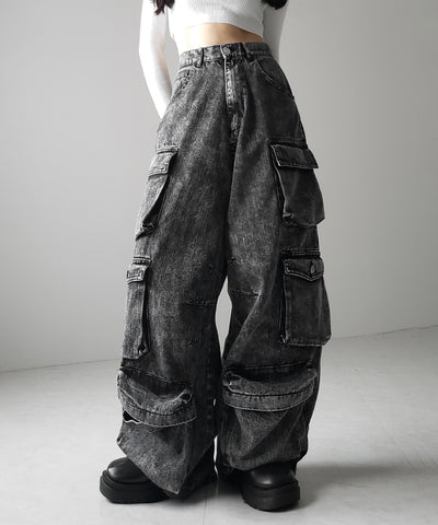 【 デニムセットアップ着用可能 】ヴィンテージケミカルブリーチヘビーワイドカーゴデニム / vintage chemical bleach heavy wide cargo denim