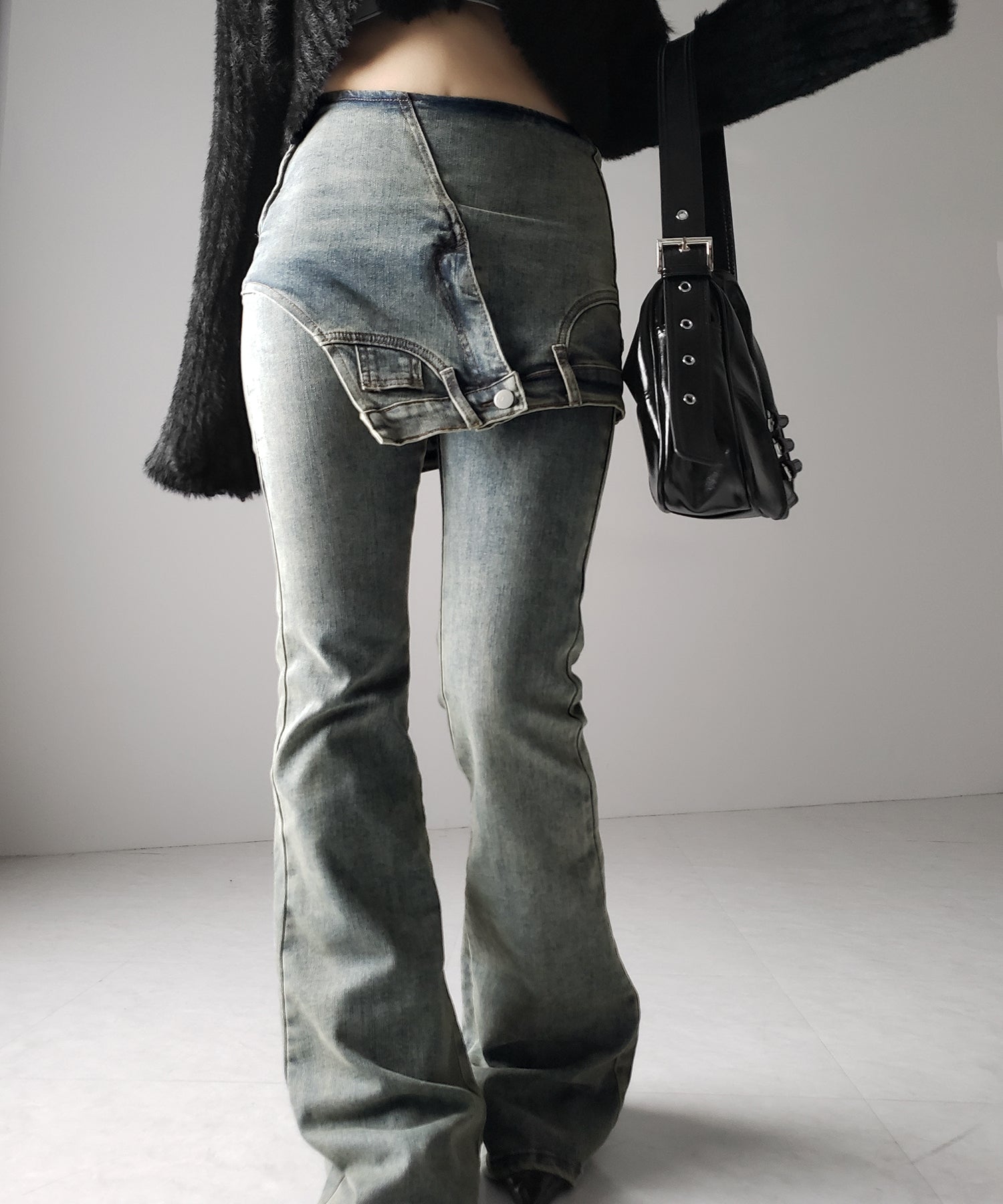 【 2color / 4size 】レイヤードウエストヴィンテージフレアデニム /layered waist vintage flare denim
