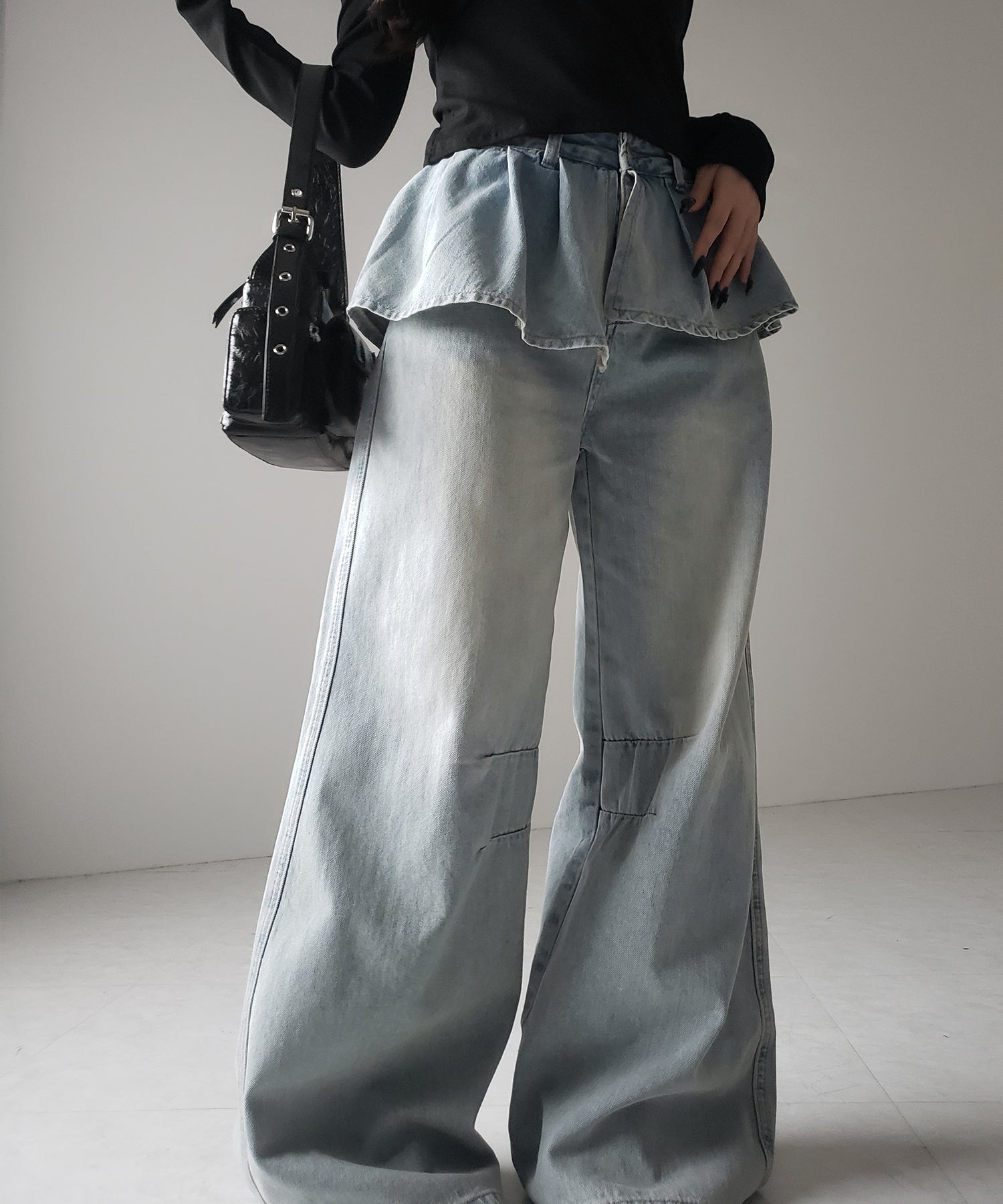 【 2color / 4size 】フリルドッキングレイヤードヴィンテージワイドデニム / frll docking layered vintage wide denim