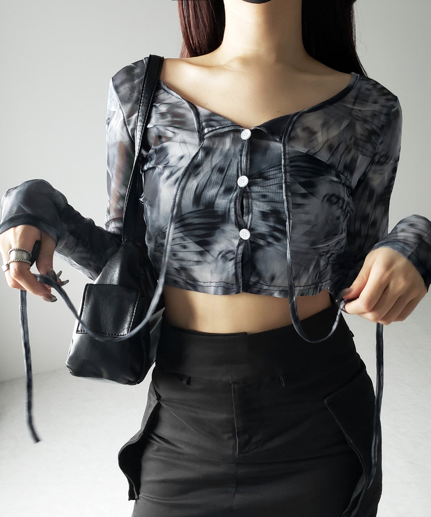 【 3color / 2WAY 】クロスストラップリボンシアーショートカーディガン / cross strap ribbon sheer short cardigan