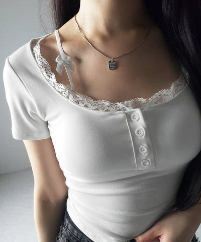 ストラップダブルリボンスクエアネックTシャツ / strap double ribbon square neck T-shirt