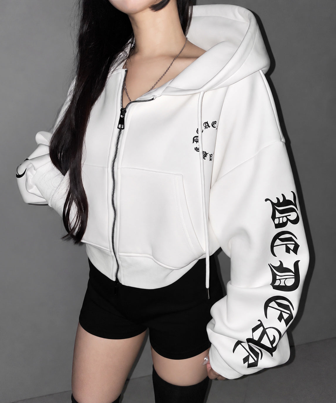グランジロゴダブルジップショートパーカー / grunge logo double zip short hoodie