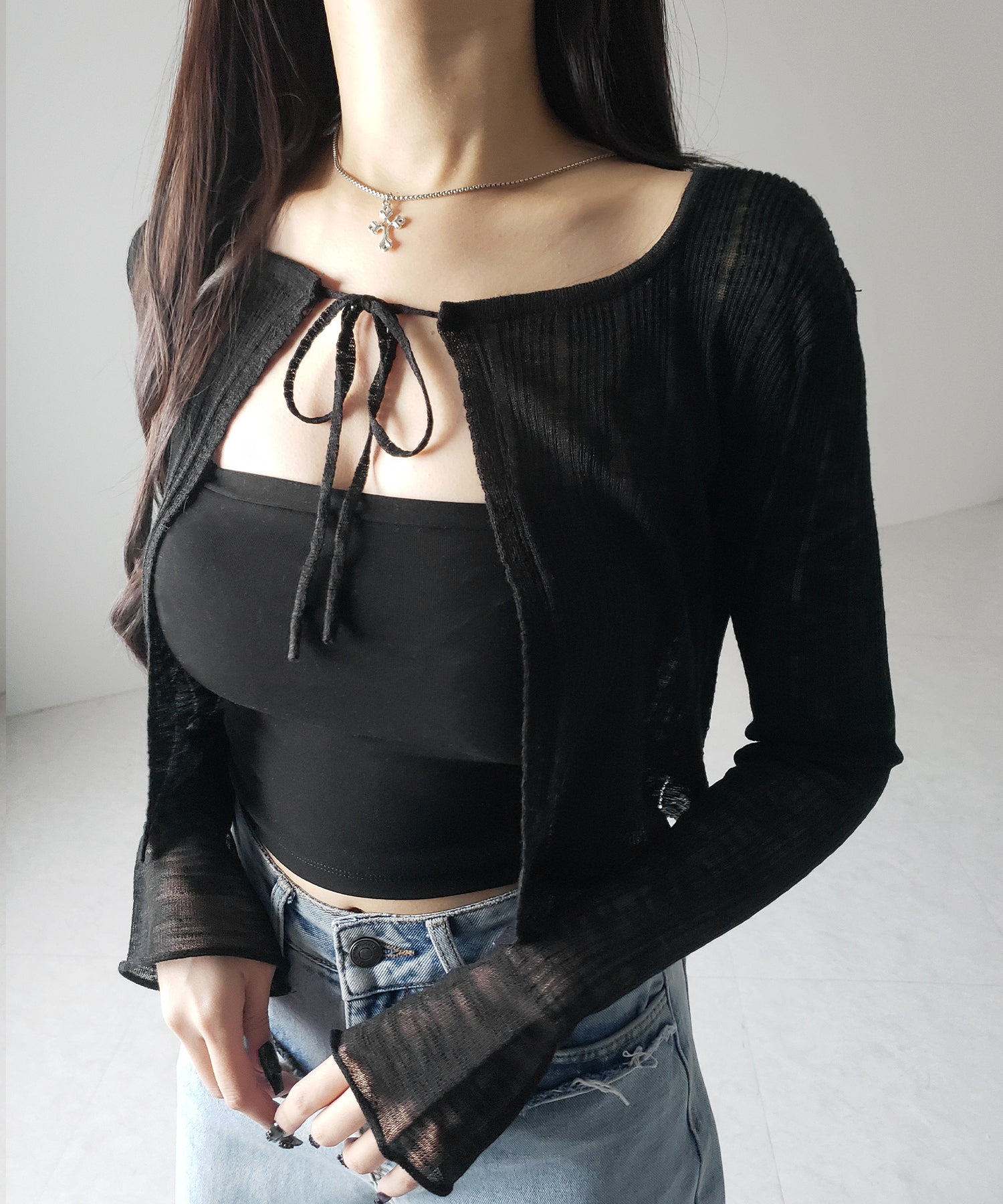 【 2color 】フロントリボンシアーニットショートカーディガン / front ribbon sheer knit short cardigan