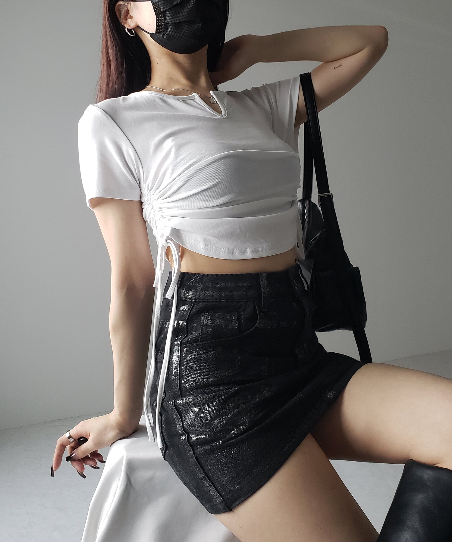 【 2color 】サイドシャーリングリボン半袖ショートTシャツ / side shirring ribbon short Tee