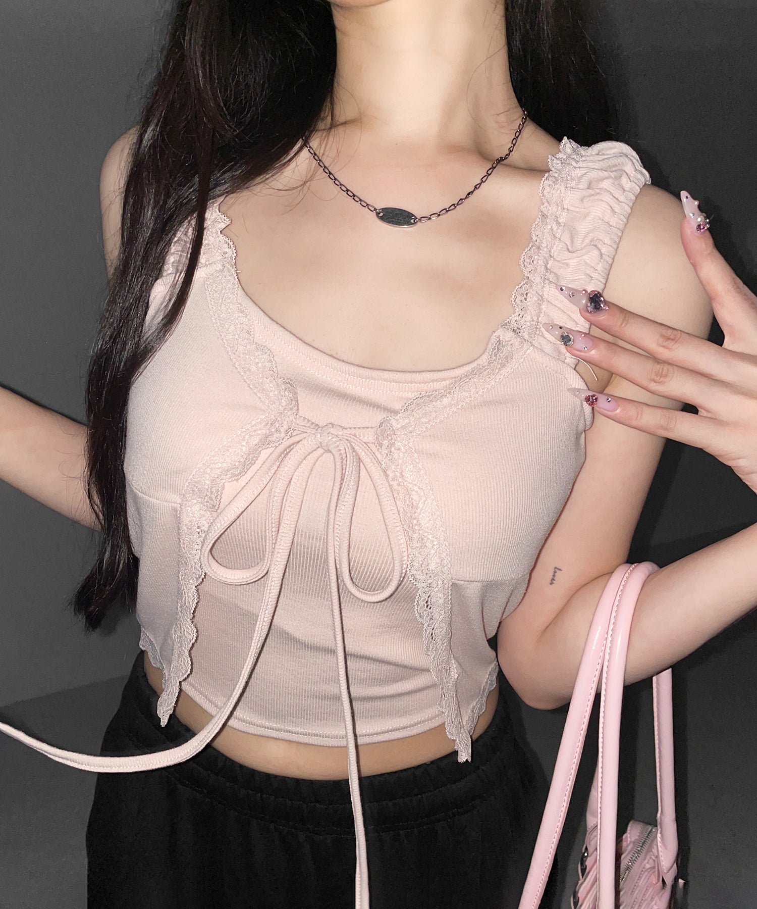 フロントリボンレイヤードリブキャミタンク / front ribbon layered lib camisole tank