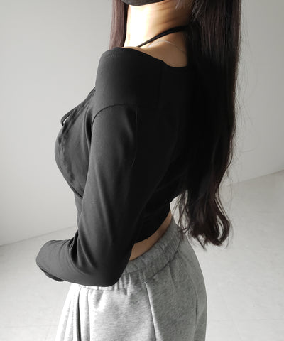 【 2点セット 】フロントリボン長袖ショートカーディガン+ ホルターキャミソール SET / front ribbon longsleeve short cardigan + halter camisole SET