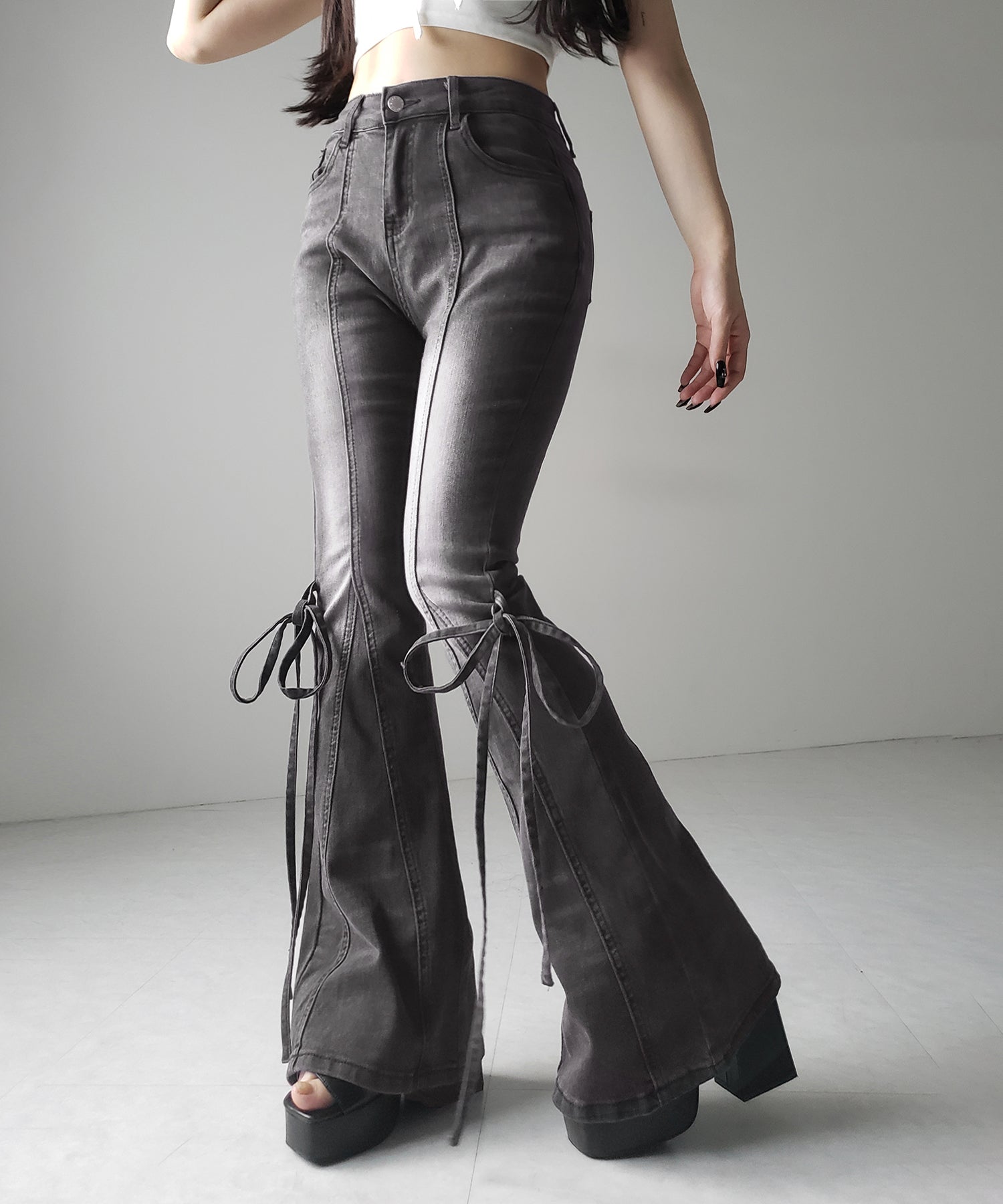 【 2color / 4size 】ストラップリボンヴィンテージストレッチフレアデニム / strap ribbon vintage stretch flare denim