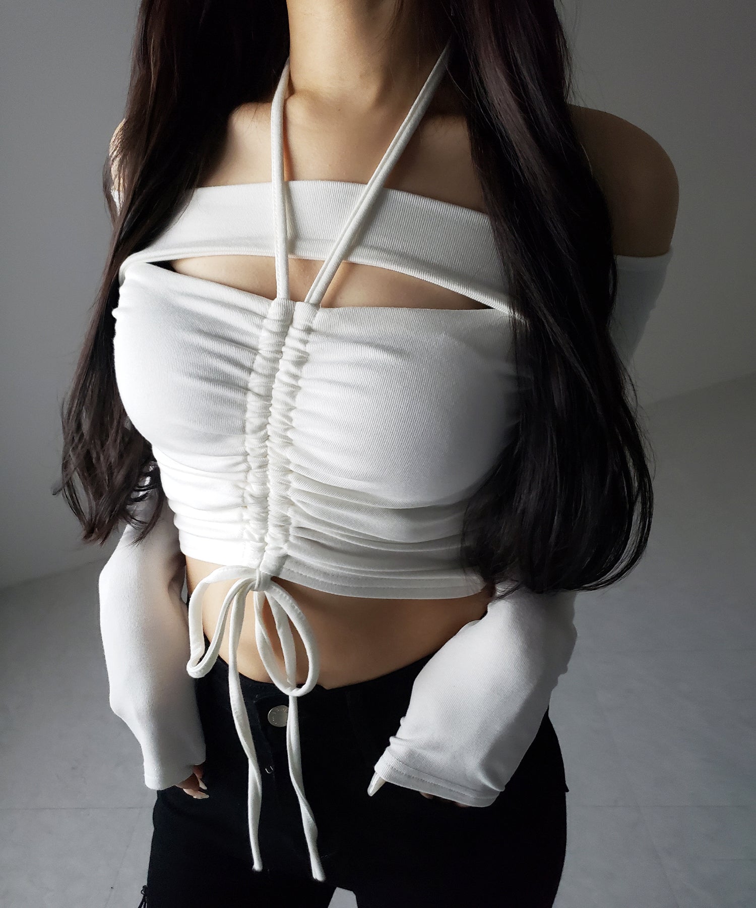 裏起毛カットアウトシャーリングぴちカットソートップス / urakimo cutout shirring pichi cutsew tops