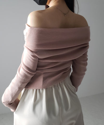タックデザインドレープオフショルダーリブニット