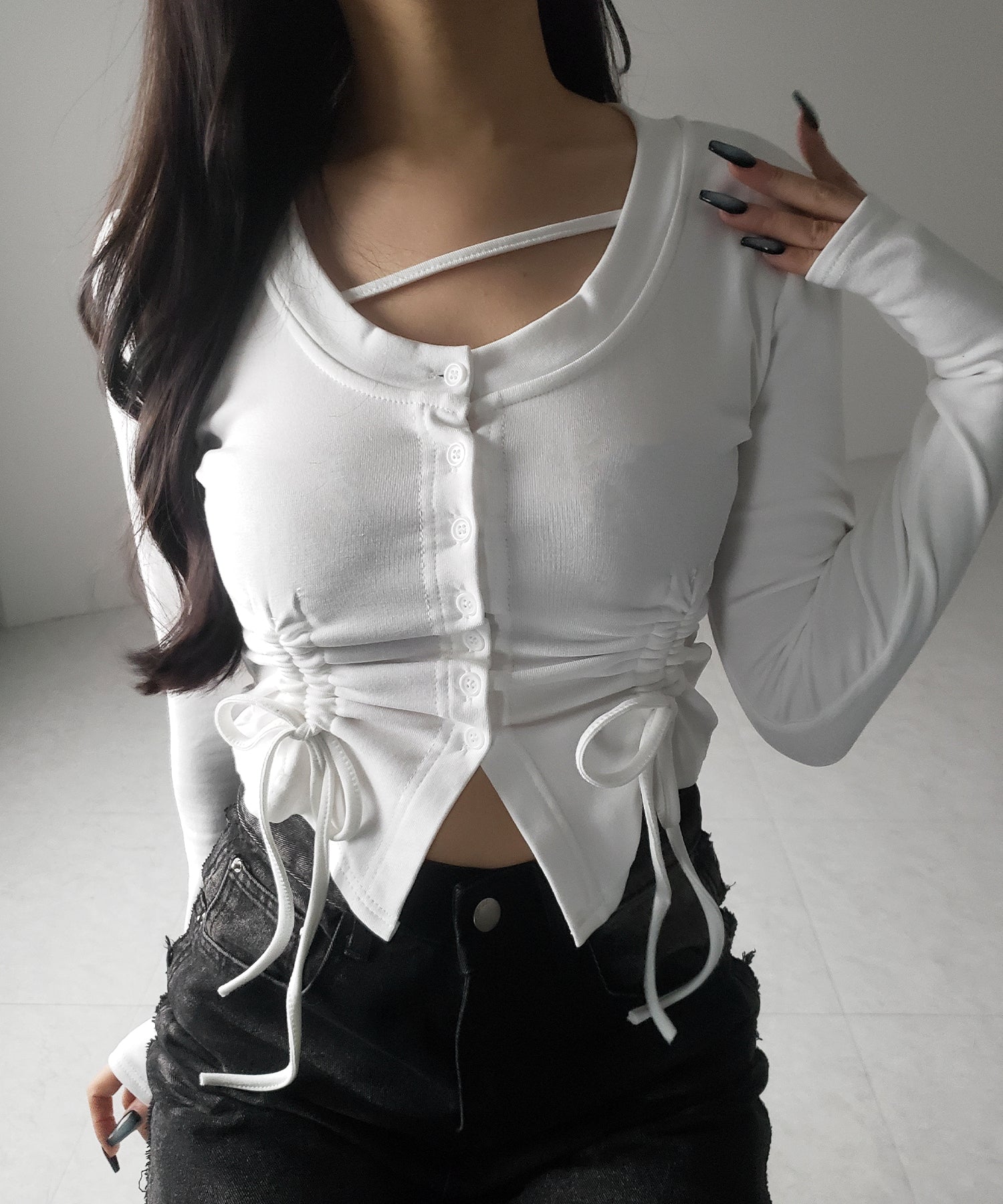 【 2color / 裏起毛 】ナナメストラップダブルシャーリングリボントップス / naname strap double shirring ribbon tops