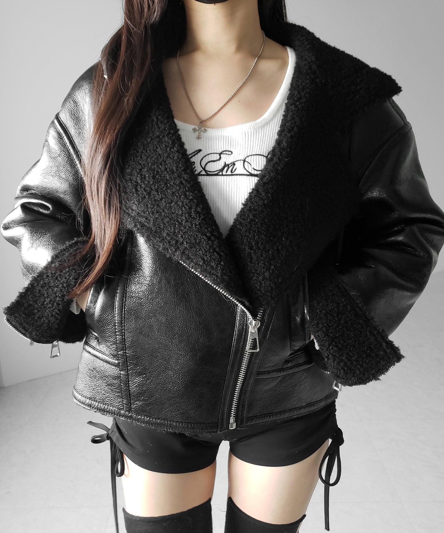 ヴィンテージレザーフーディボアムートンジャケット / vintage leather hoodie boa mouton jacket