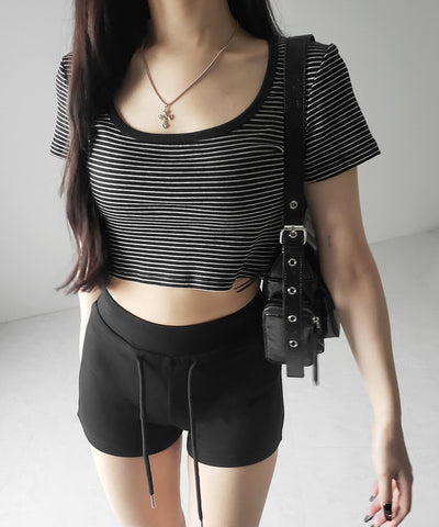 ピンボーダースクエアネックショートTシャツ / pin border square neck short T-shirt