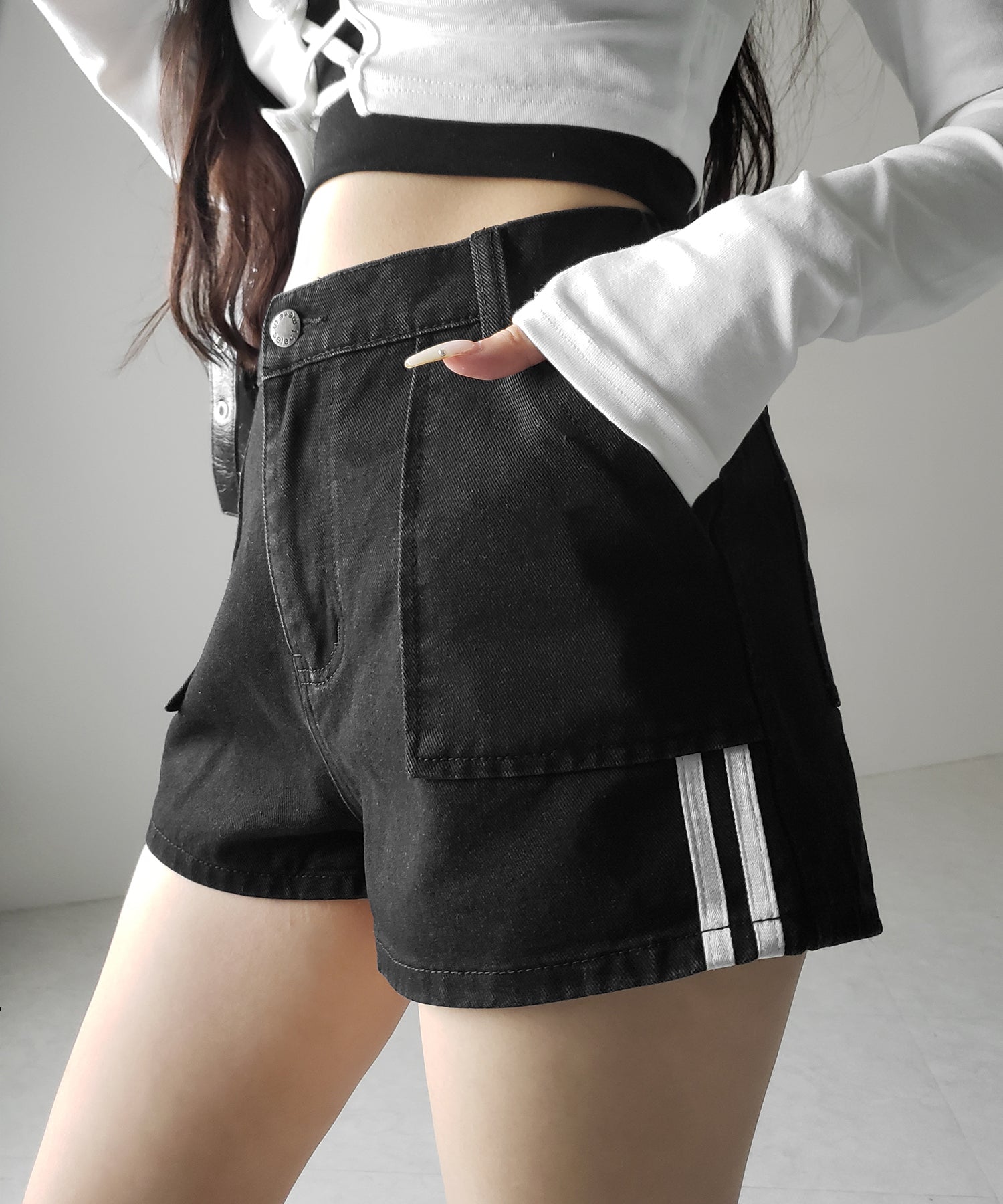 【 2color 】サイドラインハイウエストデニムショートパンツ / sideline highwaist denim short pants