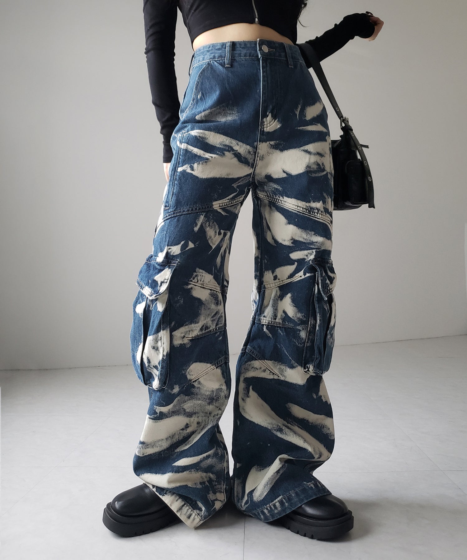 【 2color / 4size 】クラッシュブリーチストレートカーゴデニム /crash bleach straight cargo denim