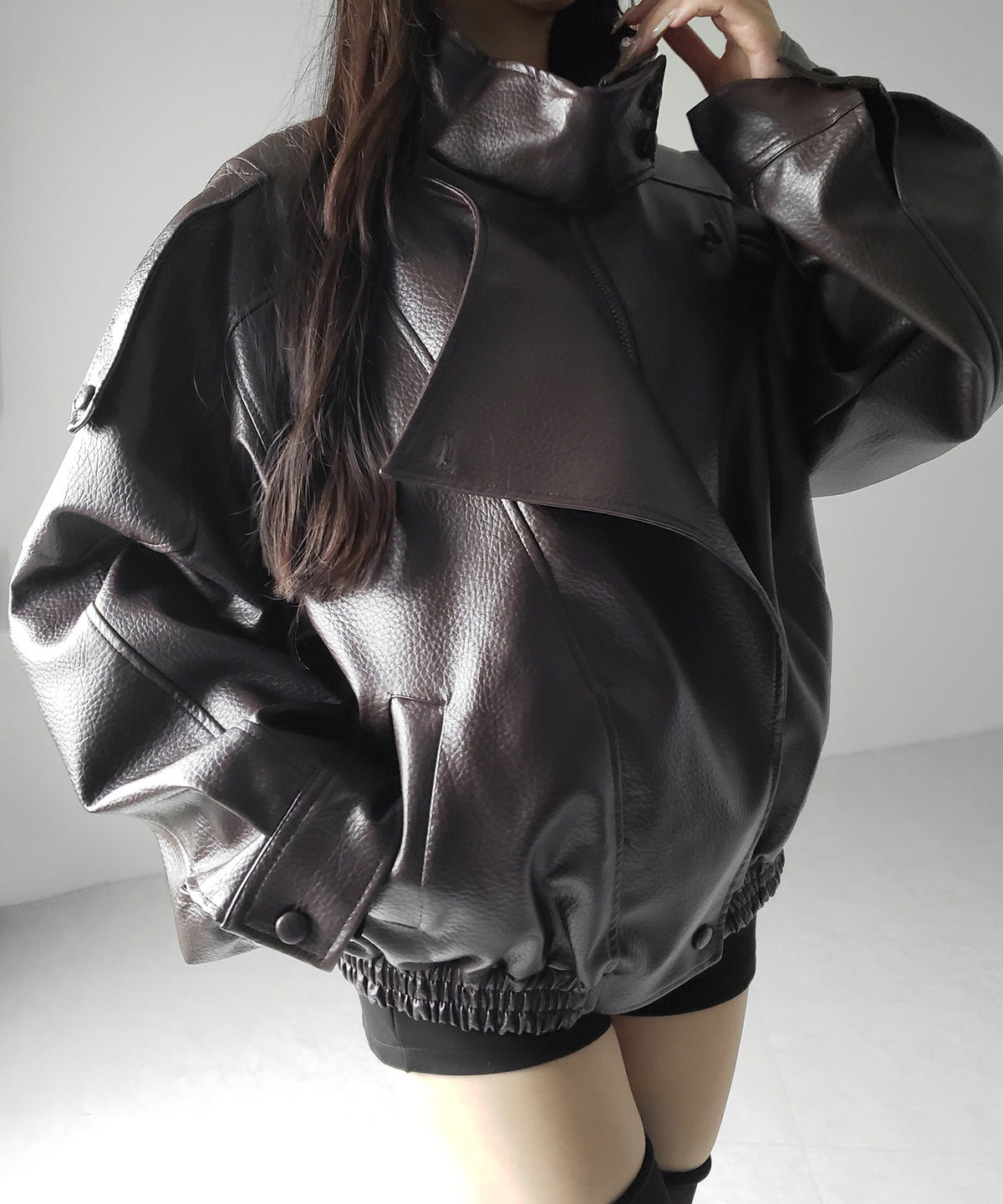 ヴィンテージフェイクレザースタンドカラージップアップブルゾン / 2WAY vintage fake leather stand collar zipup blouson