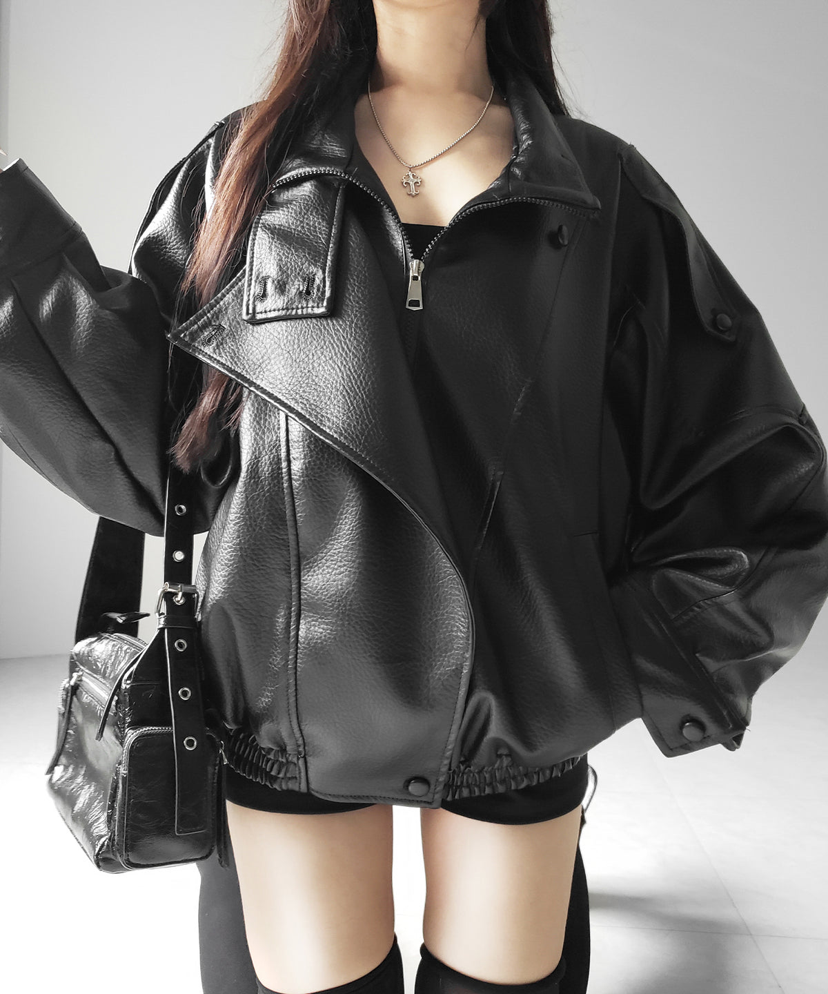 ヴィンテージフェイクレザースタンドカラージップアップブルゾン / 2WAY vintage fake leather stand collar zipup blouson
