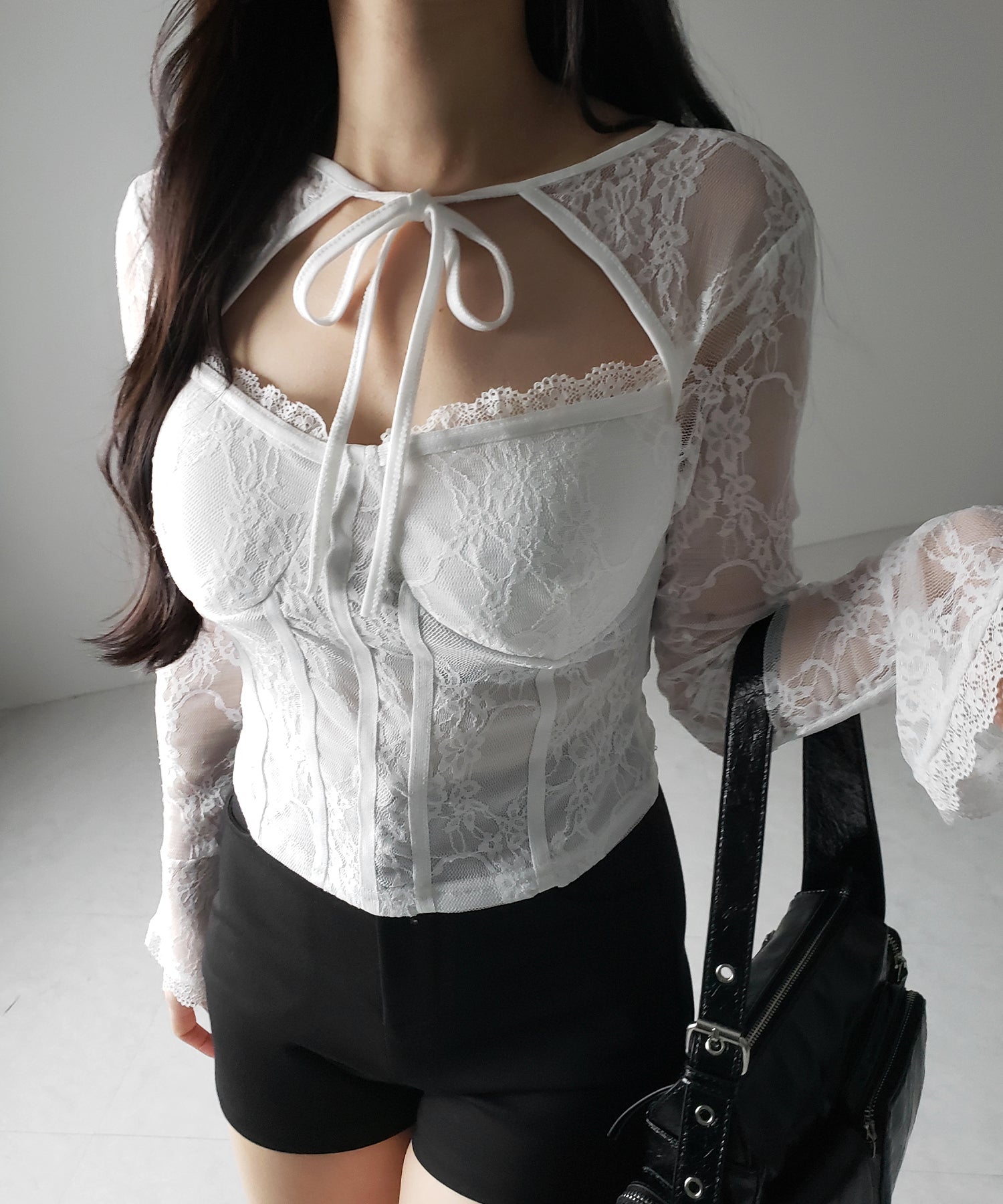 【 2color 】チョーカーネックリボンコルセットレーストップス / choker neck ribbon corset lace tops
