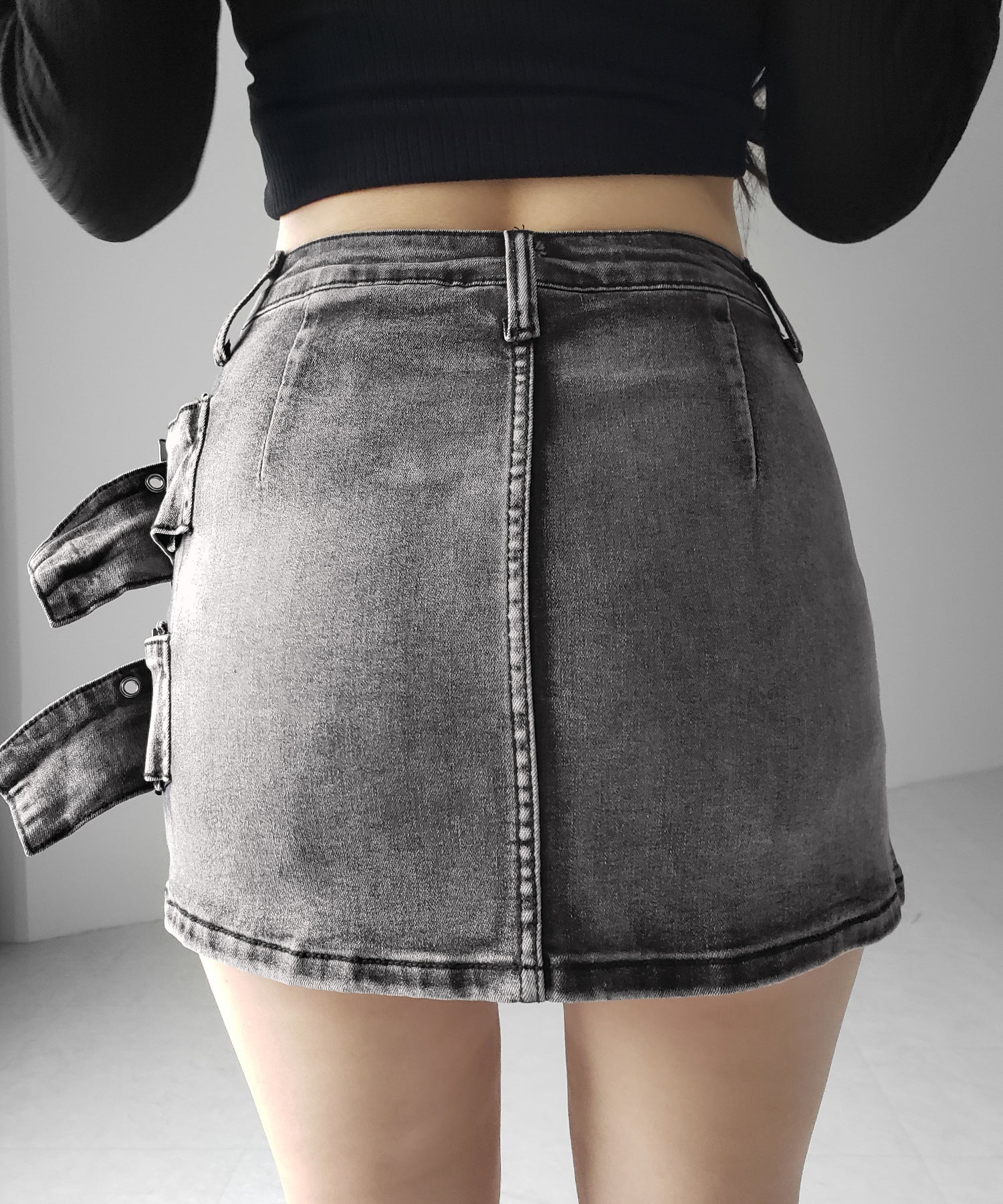 【 インパン裏地付 】ダブルハトメベルトヴィンテージデニムミニスカート / Double eyelet belt vintage denim mini skirt