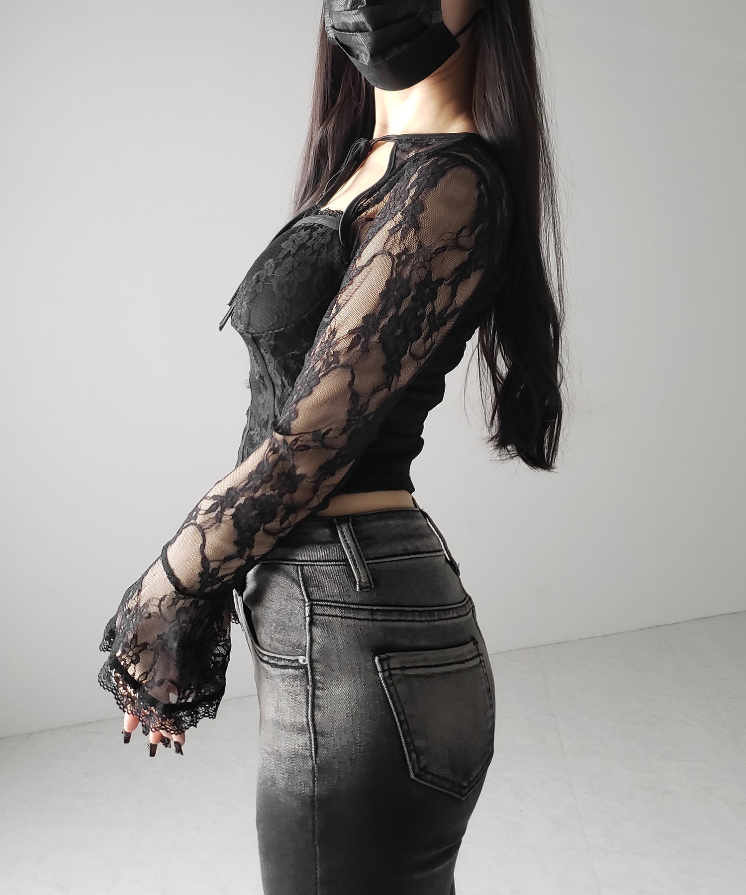【 2color 】チョーカーネックリボンコルセットレーストップス / choker neck ribbon corset lace tops