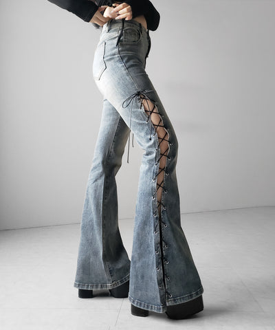 レースアップカットアウトストレッチフレアデニム / lace up cutout stretch flare denim