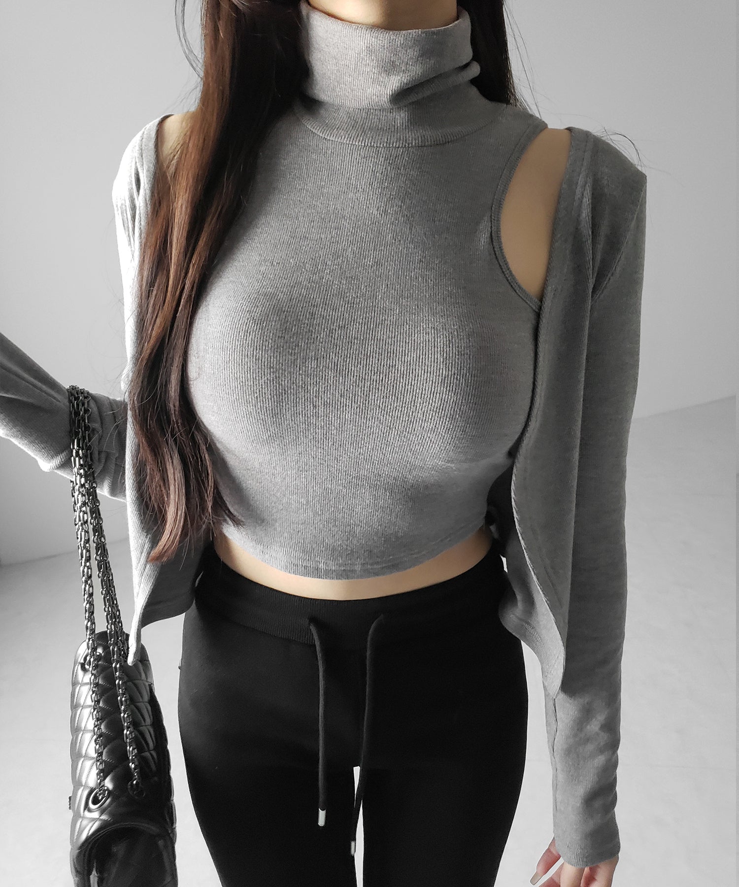 【 裏微起毛 / 2点セット 】ハイネックノースリーブトップス + ショートカーディガン SET / high neck nosleeve tops + short cardigan SET