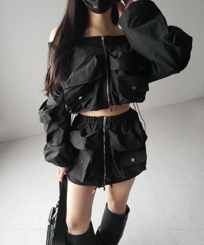 【 セットアップ 】アウトポケットオフショルカーゴブルゾン & ダブルジップカーゴミニスカート SET / out pocket off shoulder cargo blouson & double zip cargo mini skirt SET