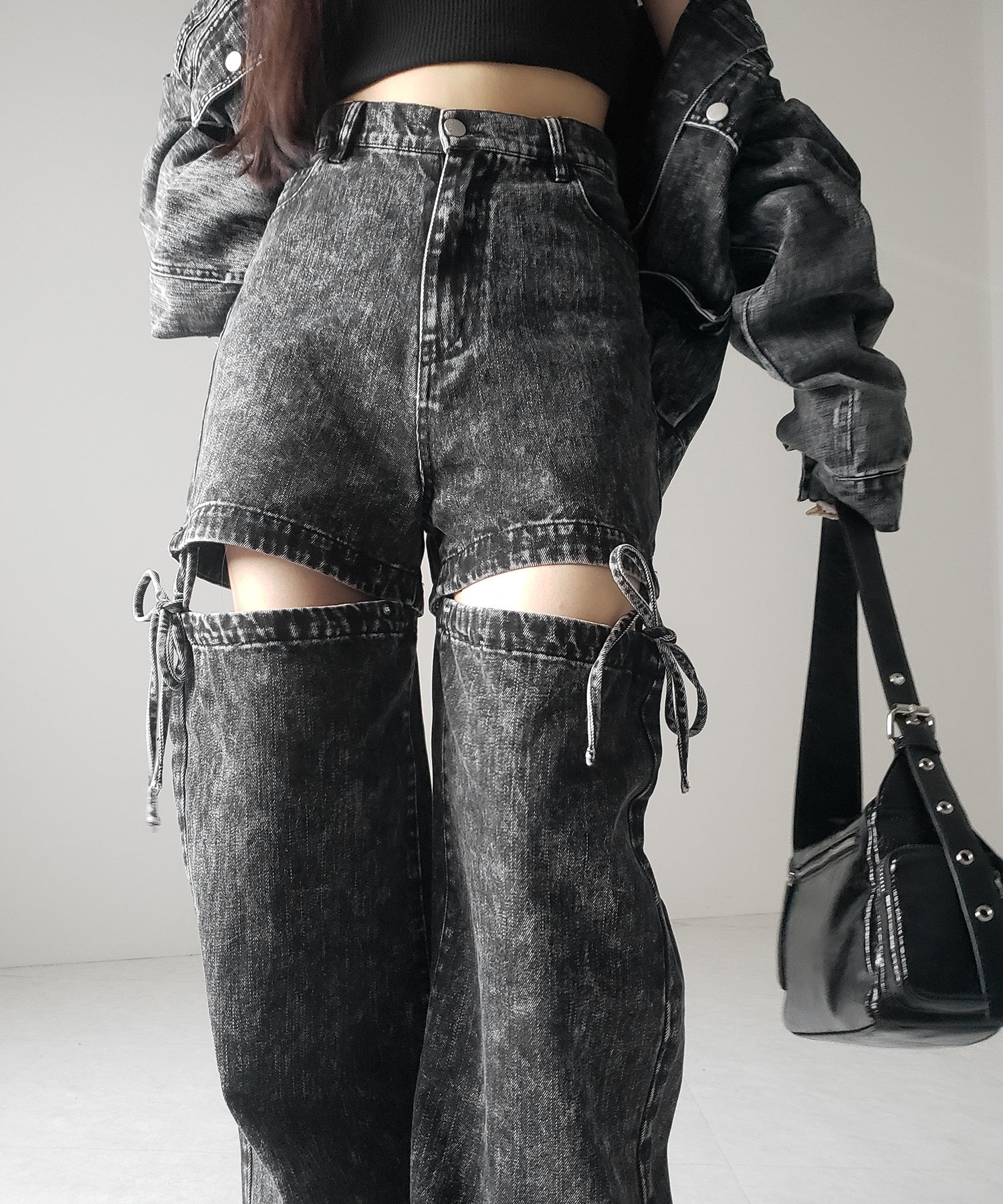 【 セットアップ着用可能 】2WAYヴィンテージケミカルブリーチカットアウトリボンデニム / 2WAY vintage chemical bleach cutout ribbon denim