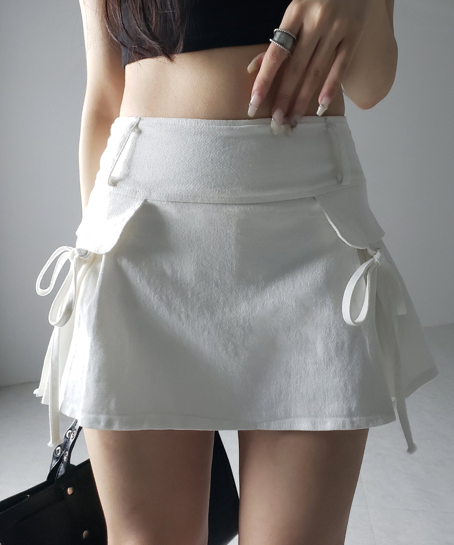 【 2color / 3size 】ヴィンテージライクリボンデニムミニスカパン / vintage like ribbon denim mini skirt pants