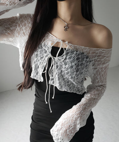 ダブルストラップリボンショートレースカーディガン /double strap ribbon short lace cardigan