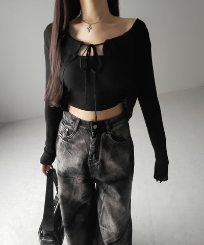 【 2color 】襟付きフロントリボンシアーニットショートカーディガン / collar front ribbon sheer knit short cardigan