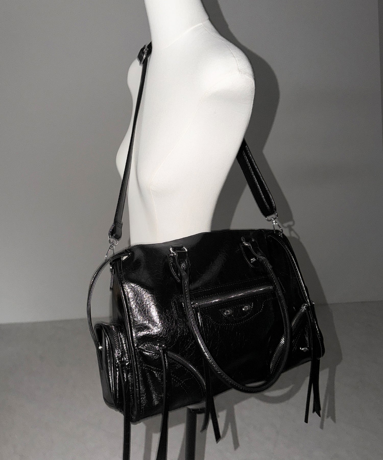 【 ショルダーストラップ付き2WAY 】アウトポケットヴィンテージダブルジップボストンショルダーバッグ /out pocket vintage double zip boston shoulder bag