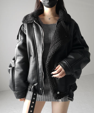 【 2color 】フェイクレザーベルテッドボアムートンジャケット / fake leather belted boa mouton jacket