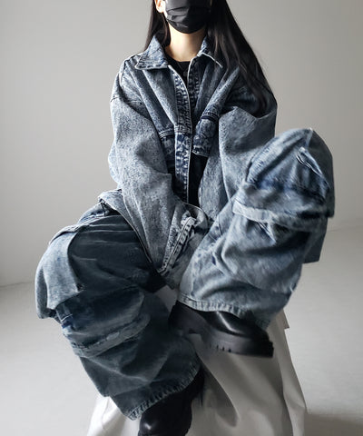 【 デニムセットアップ着用可能 】ヴィンテージケミカルブリーチヘビーワイドカーゴデニム / vintage chemical bleach heavy wide cargo denim
