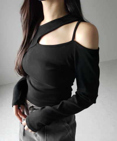 ショルダーカットアウトストラップリブトップス / shoulder cutout strap lib tops