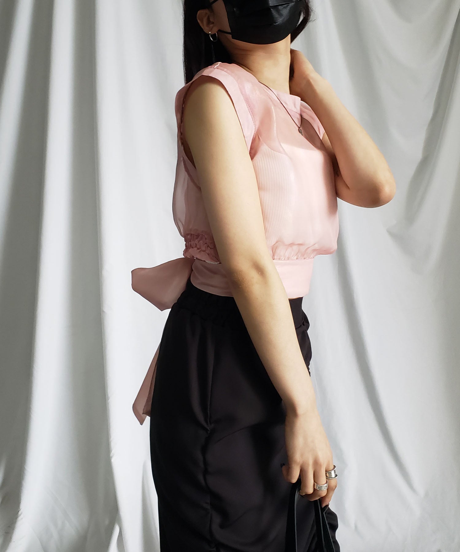 【 3color 】オーロラグロスオーガンジーバックリボンショートブラウス / Aurora gloss organdy back ribbon short Blouse