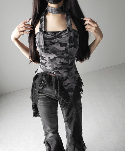 チョーカーロングタイ付き ヴィンテージカモフラレースフリルベアトップス / ( choker long tie SET ) vintage camouflage lace frill bare tops