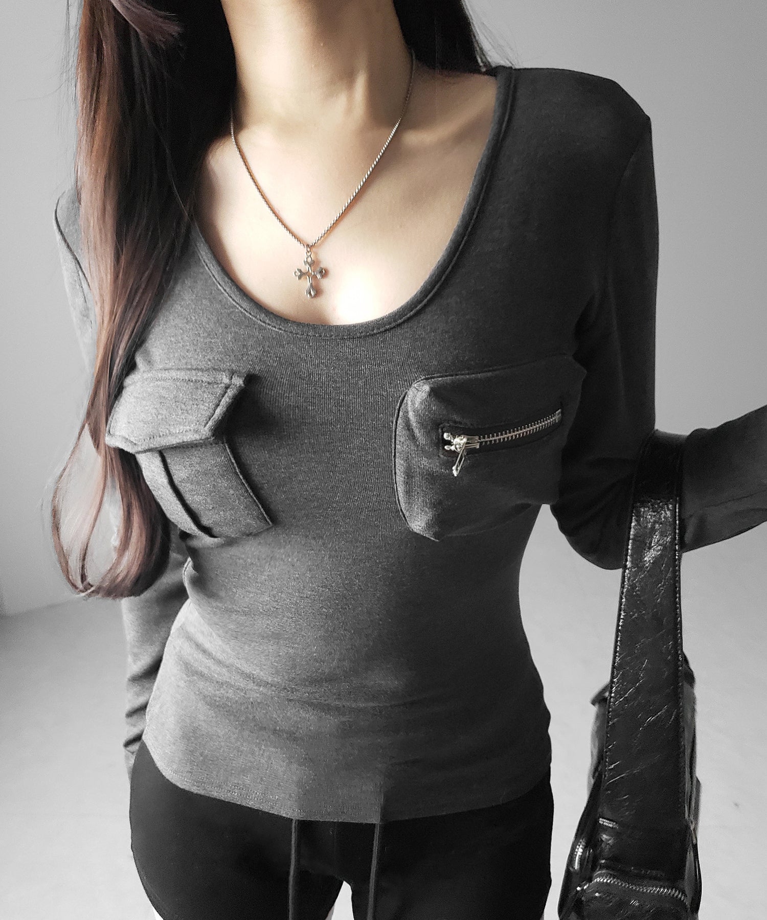 【 裏起毛 】アウトポケットオープンネックスリムトップス / out pocket open neck slim tops