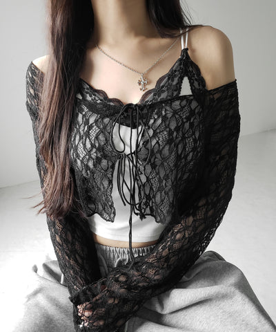 ダブルストラップリボンショートレースカーディガン /double strap ribbon short lace cardigan