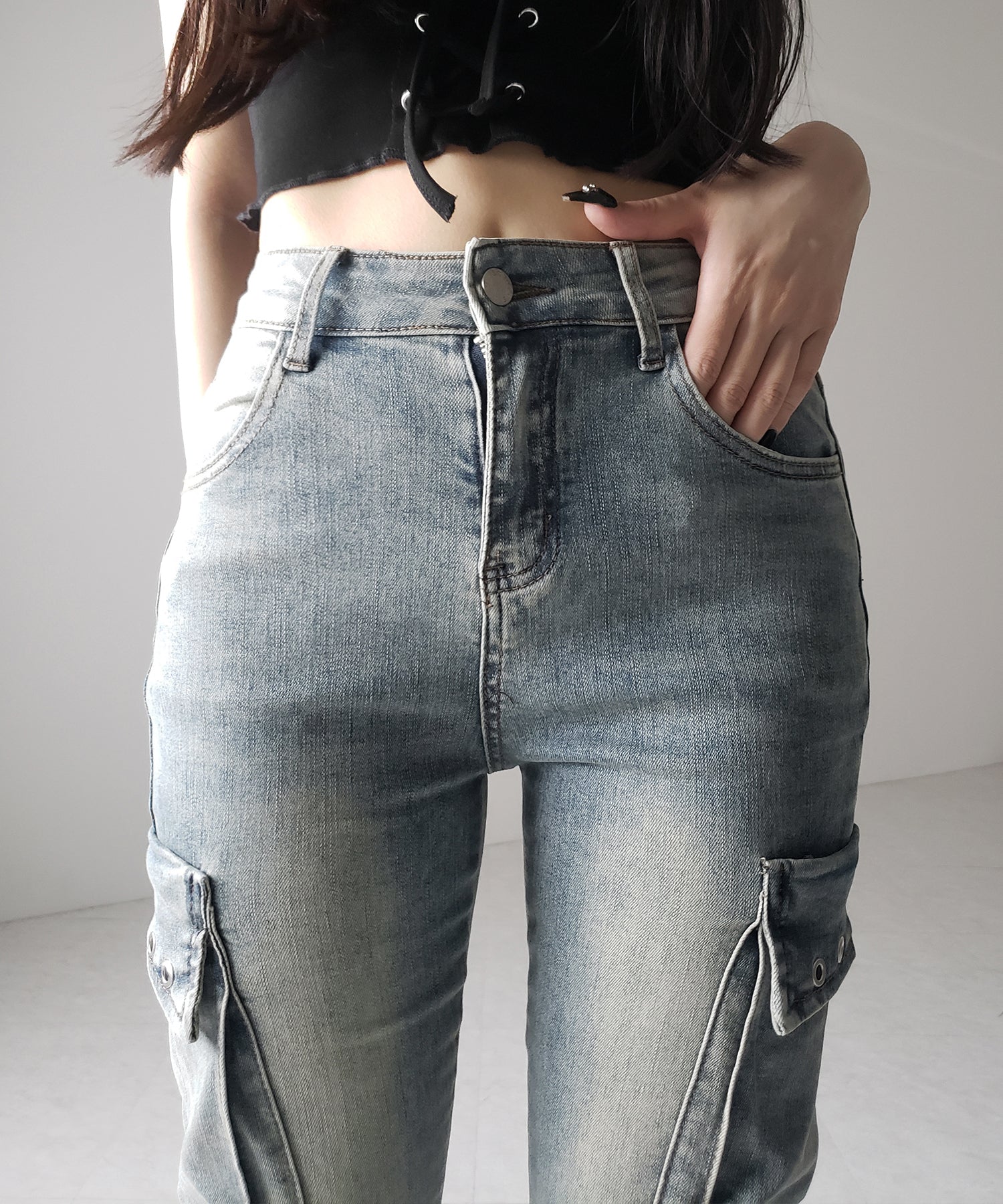 カーゴデザインヴィンテージライクダメージストレッチフレアデニム / cargo design vintage-like damage stretch flare denim