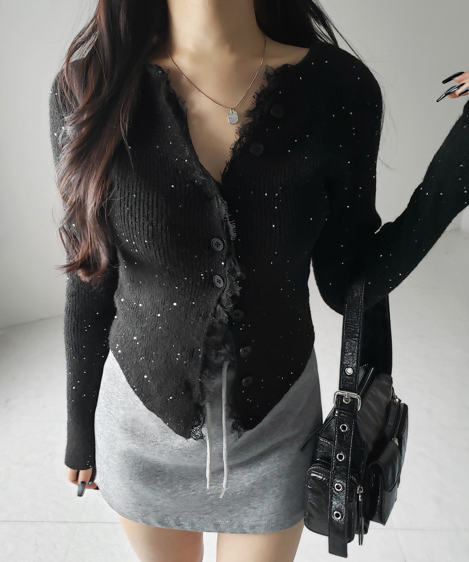 レースドッキングスパングルキーネックニットカーディガン / lace docking spangle key neck knit cardigan