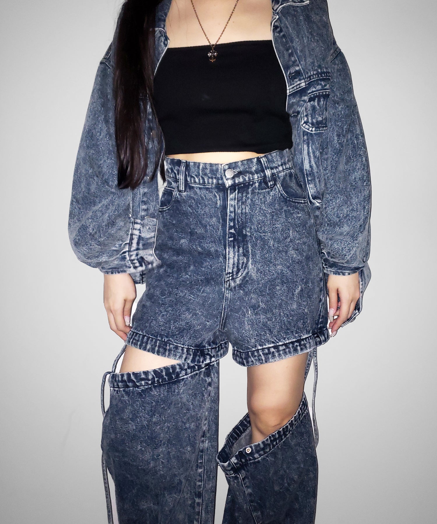 【 セットアップ着用可能 】2WAYヴィンテージケミカルブリーチカットアウトリボンデニム / 2WAY vintage chemical bleach cutout ribbon denim