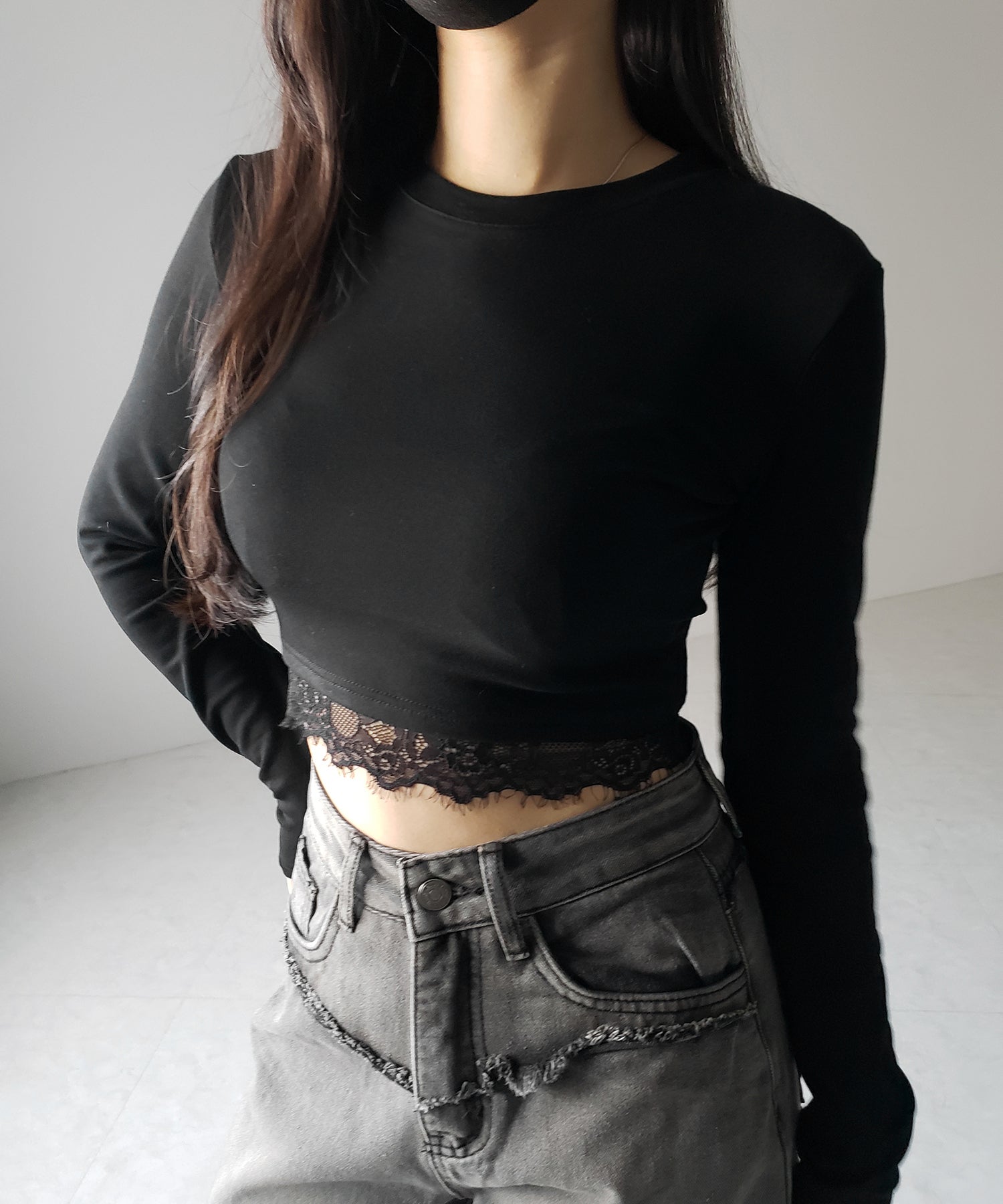 【 裏起毛 】裾レースドッキングショートTシャツ / hem lace docking short Tee