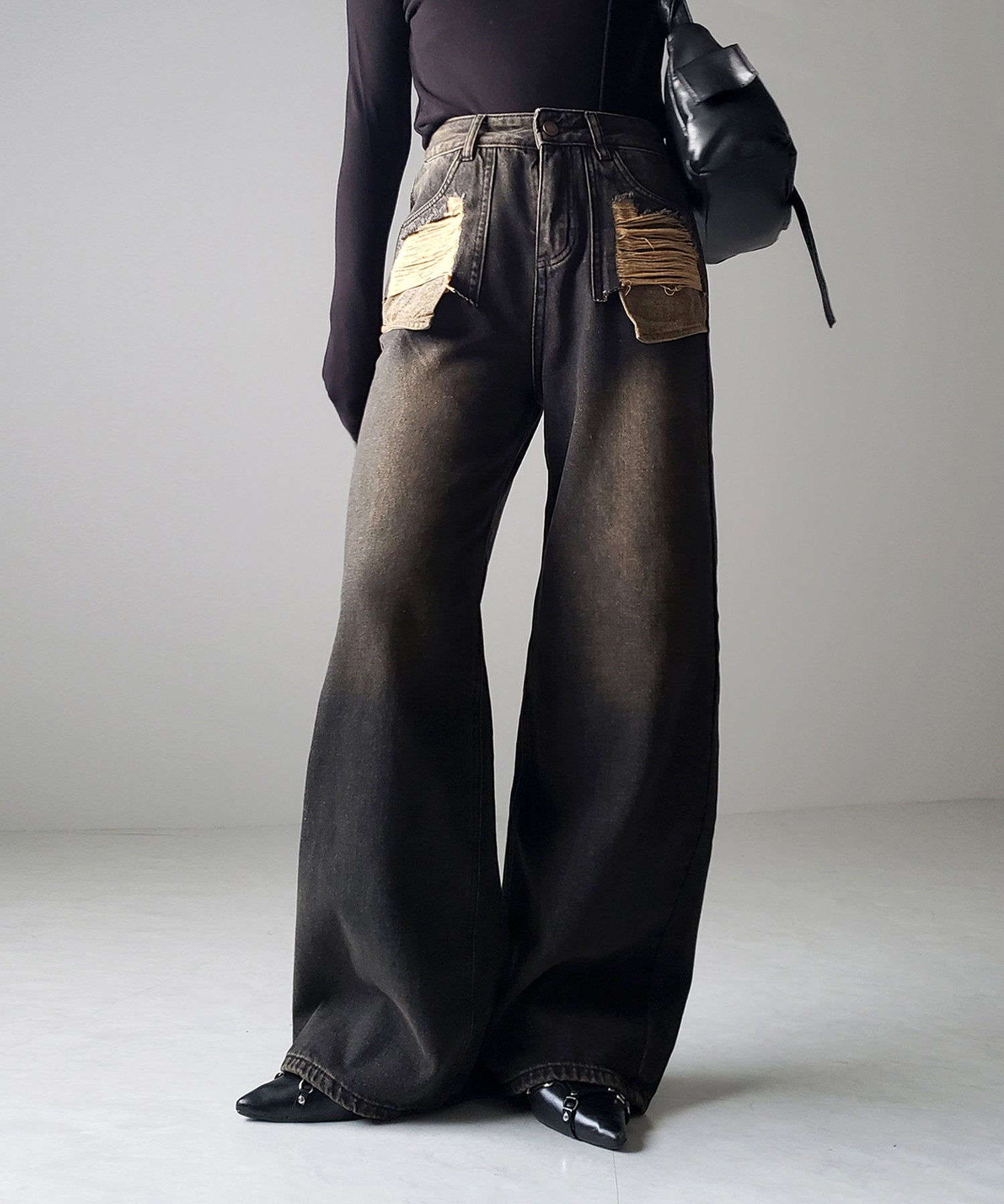 裏起毛ダメージアウトポケットヴィンテージルーズデニム