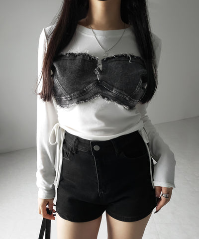 サイドリボンダメージデニムドッキングTシャツ / side ribbon damage denim docking Tee