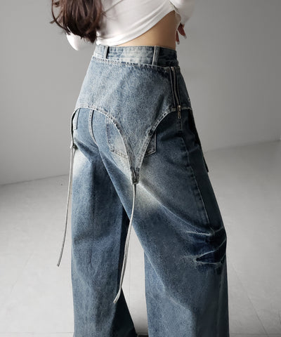 【 2WAY 】レタリングロゴ刺繍ガーターヴィンテージワイドデニム / lettering logo embroidery garter vintage wide denim